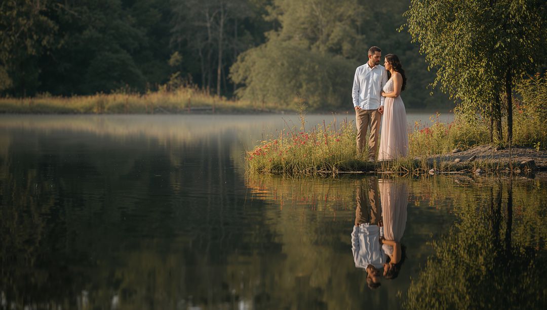 Couple standing on lakeside peninsula at golden hour with mirror reflection