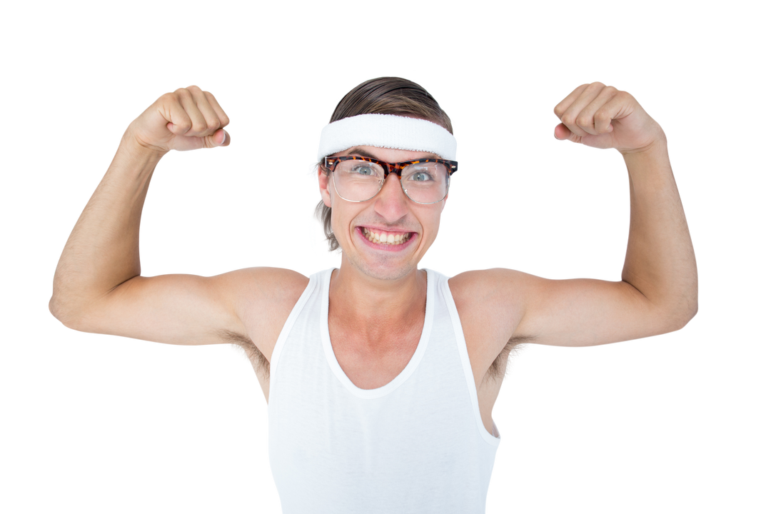 Transparent Background Funny Geeky Hipster Flexing Muscles in Sportswear - Download Free Stock Images Pikwizard.com