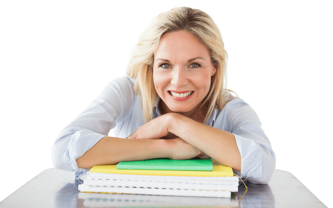 Smiling Caucasian Woman with Notebooks on Transparent Background