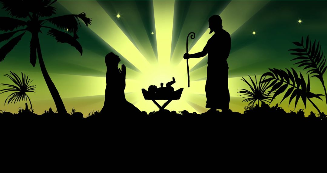 Silhouette Nativity Scene Under Starry Green Sky