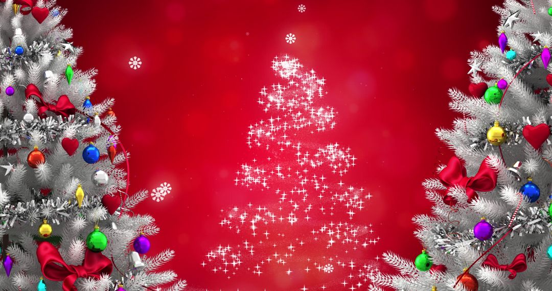 Festive Christmas Trees with Sparkling Snowflakes on Red Background