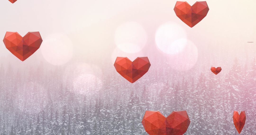 Geometric Hearts Floating over Tranquil Winter Landscape