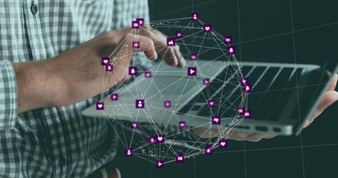 Global Network of Digital Icons Over Person Using Laptop in Office