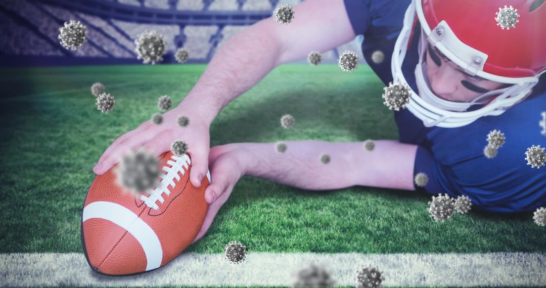 Football Player Diving Touchdown Amid Virus Particles