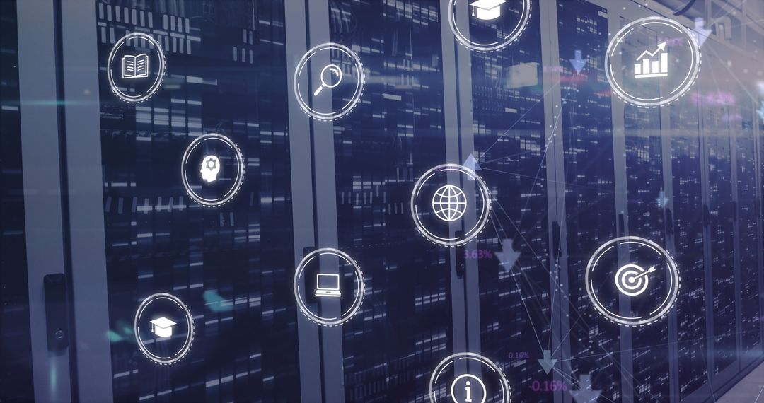 Digital Interface with Business Icons in Server Room