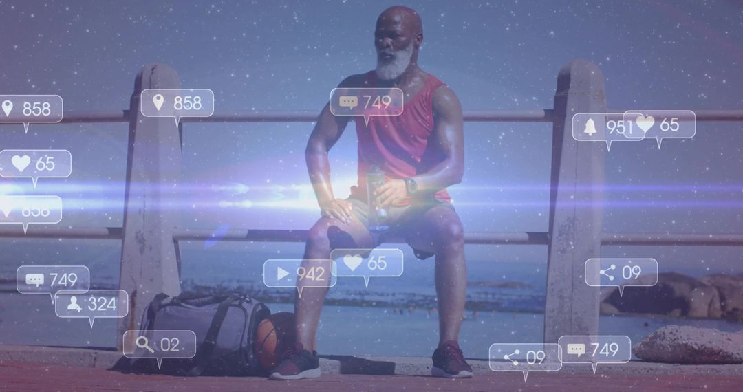 Senior Athlete Relaxing on Seaside Promenade with Virtual Interaction Icons