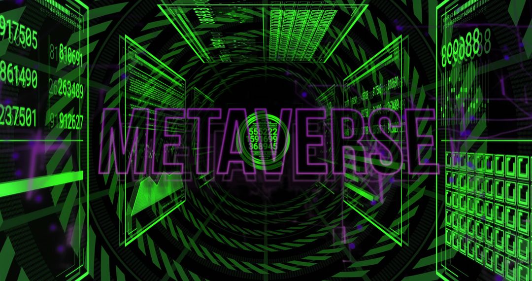 Neon Metaverse Tunnel Displaying Holographic Data Panels and Cyber Wireframe Interface