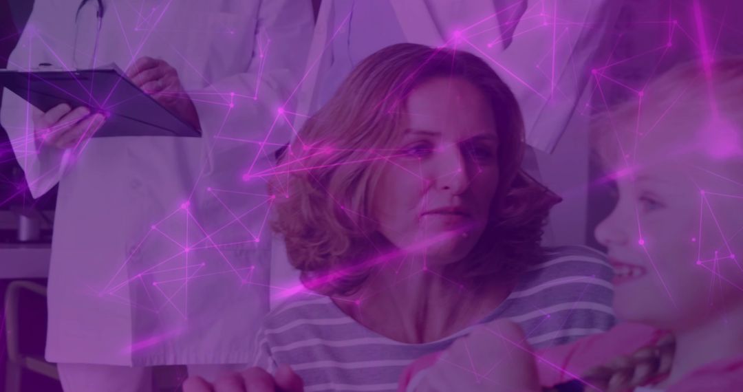 Parent and Child Pediatric Consultation with Doctor Using Tablet and Magenta Mesh Overlay