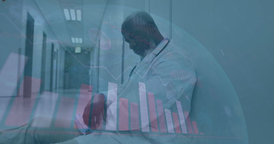 Doctor in Hospital Corridor with Data Overlay and Introspective Mood