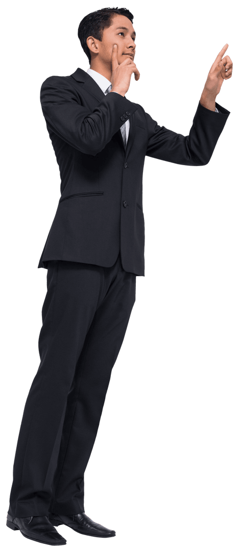 Transparent Thinking Asian Businessman Pointing in Suit