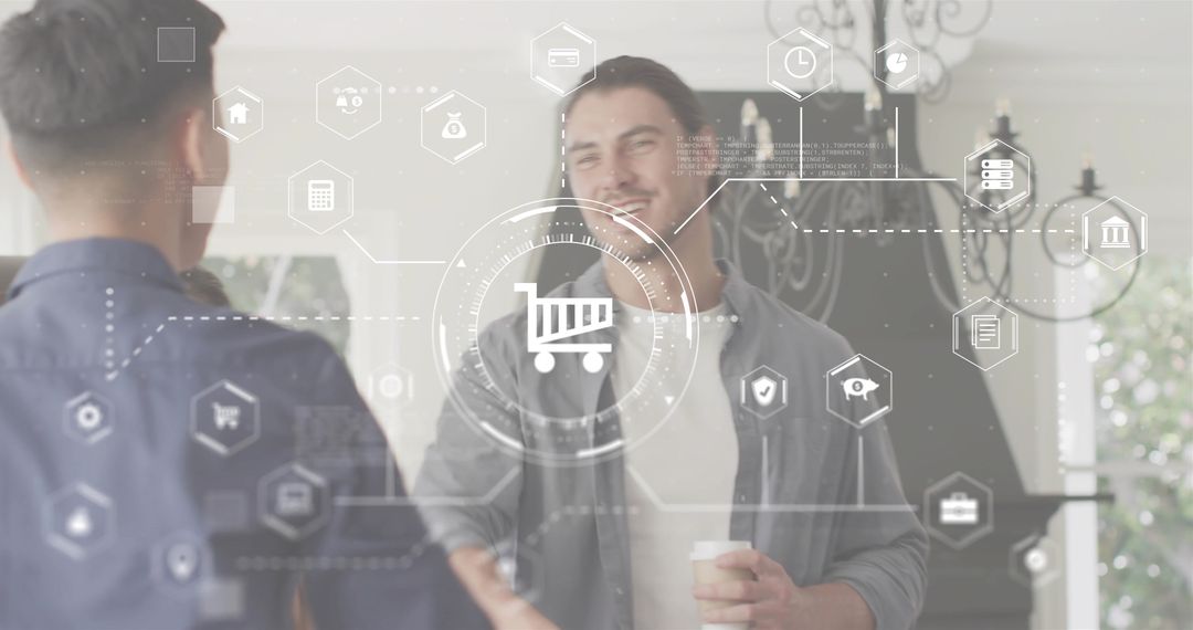 Shaking hands in modern foyer with shopping cart HUD and digital ecommerce icons