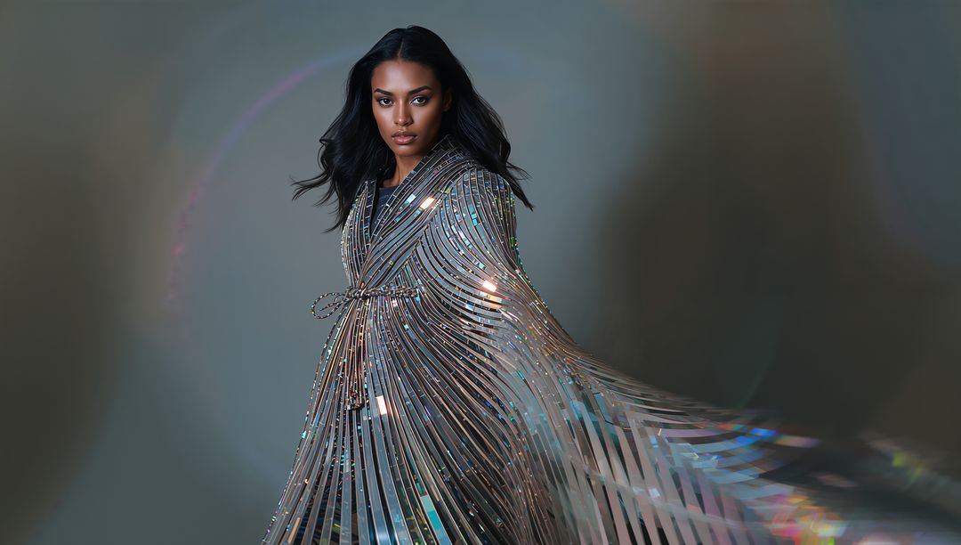 Glamorous model wearing iridescent metallic pleated fringe couture cape in flowing motion