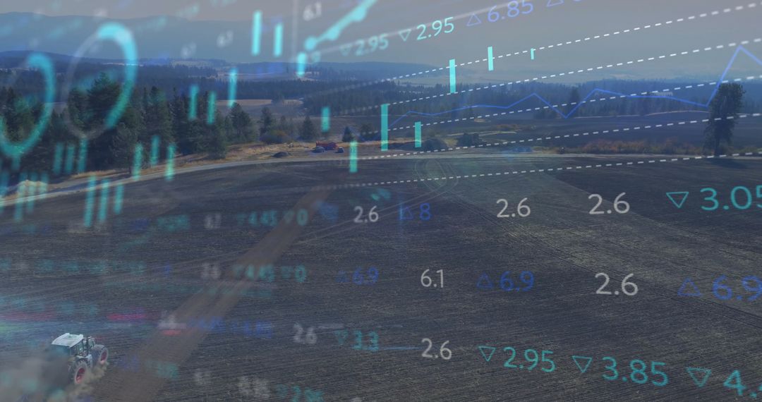 Tractor Harvesting Field with Overlaid Financial Charts