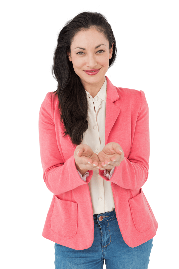 Smiling Caucasian Woman Offering Open Hands on Transparent Background