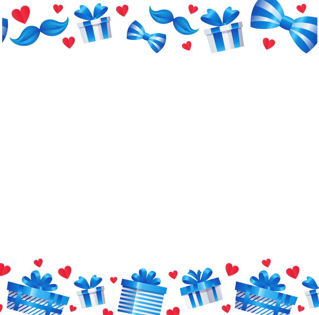 Blue Gift Boxes and Red Hearts Decorative Border on Transparent Background