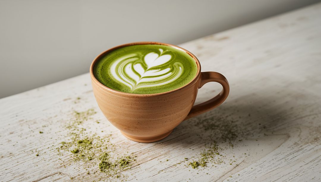 Matcha Latte with Heart Leaf Latte Art in Ceramic Mug on Rustic White Table