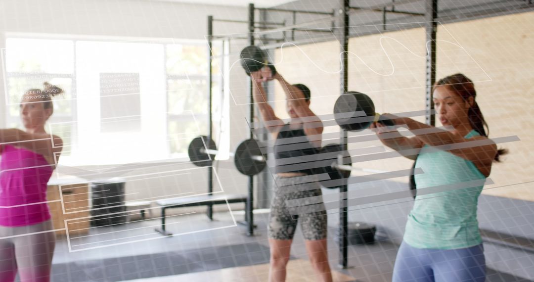 Women Training with Kettlebells and Digital Interface Overlay