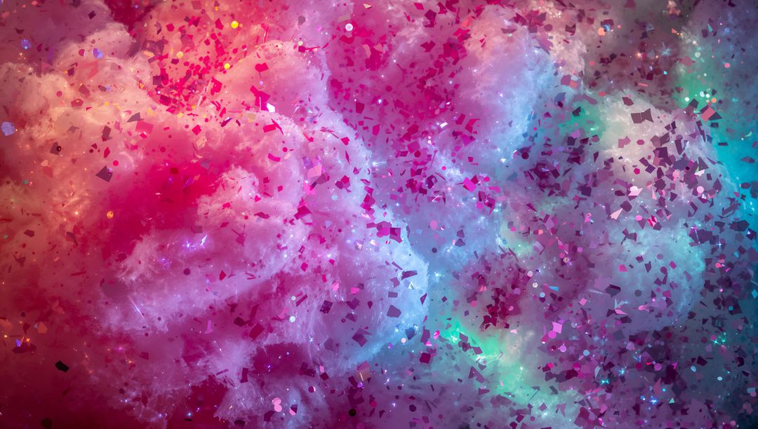 Iridescent Cotton Cloud Macro with Metallic Confetti, Colorful Bokeh and Dreamy Nebula Texture