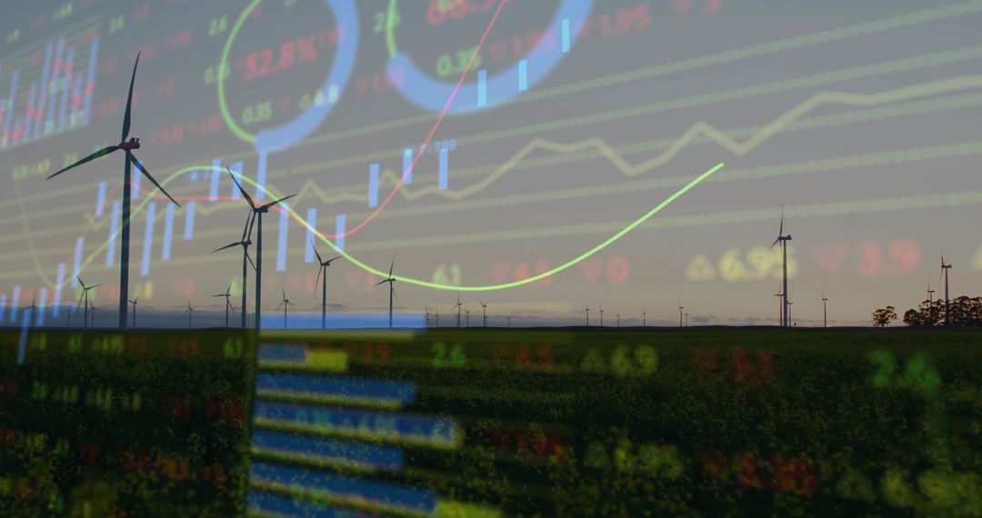 Wind Turbines with Financial Charts Overlaid at Dusk