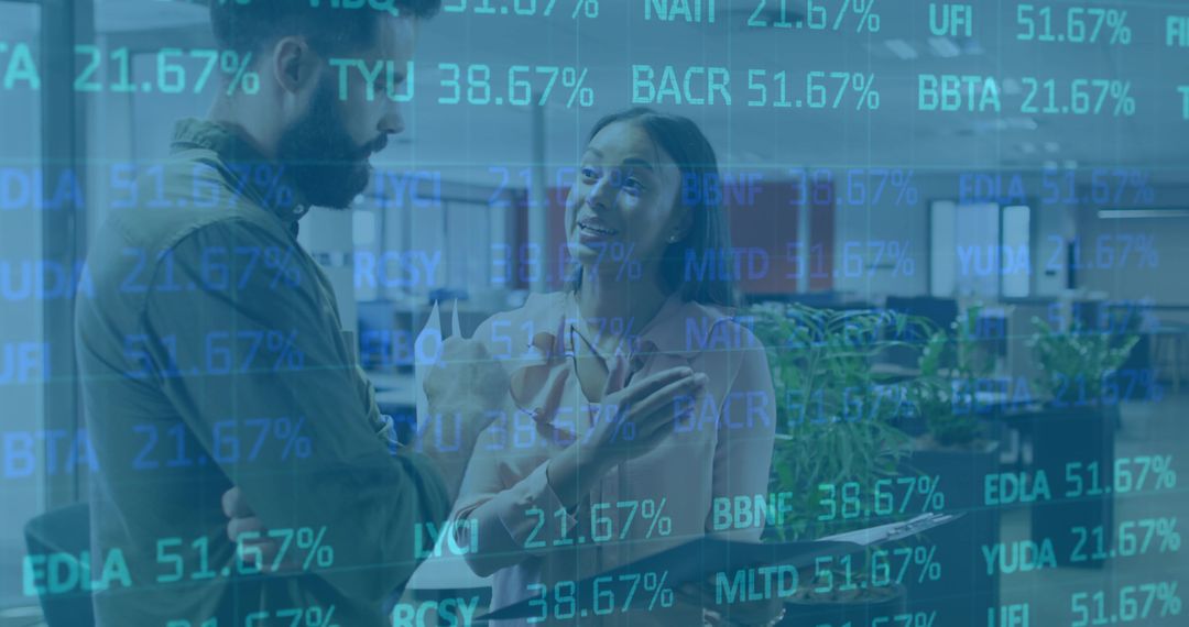 Colleagues collaborating in open office with stock ticker overlay and data visualization