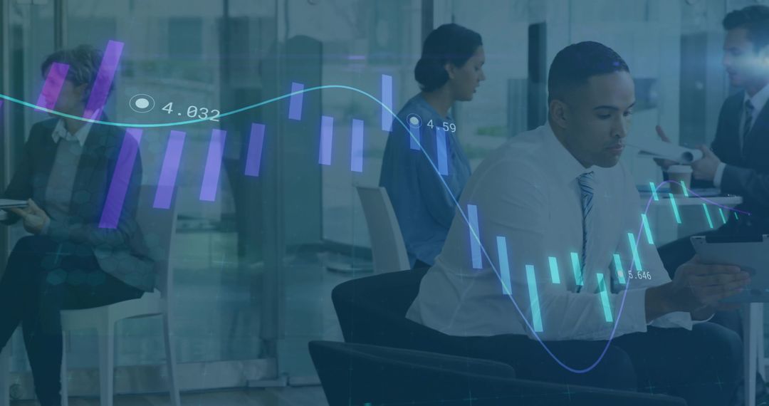 Business Professionals in Modern Setting with Financial Chart Overlay