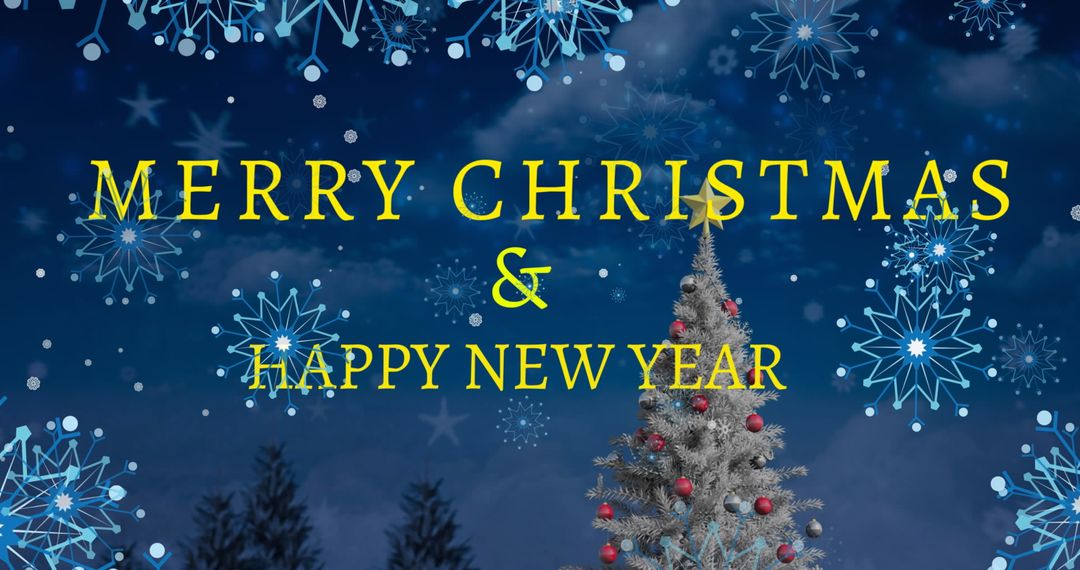 Festive Christmas and New Year Greeting with Snowflakes and Tree