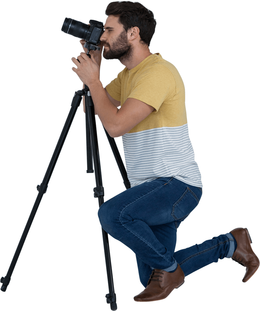 Transparent Man Kneeling and Photographing on Tripod