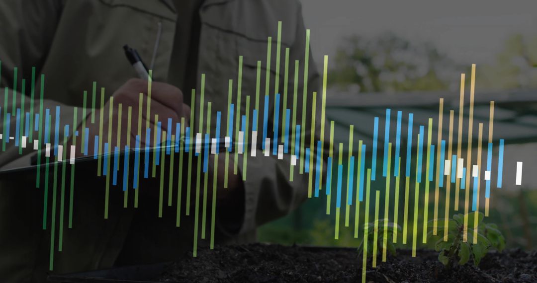 Botanist Analyzing Data in Greenhouse with Seedling and Charts