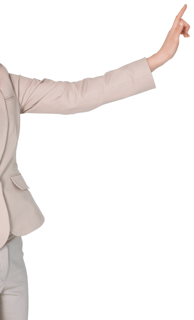 Transparent Arm of Businesswoman Showing Index Finger on Clear Background
