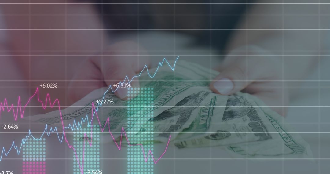 Hands Holding Money with Overlay of Financial Data and Graphs