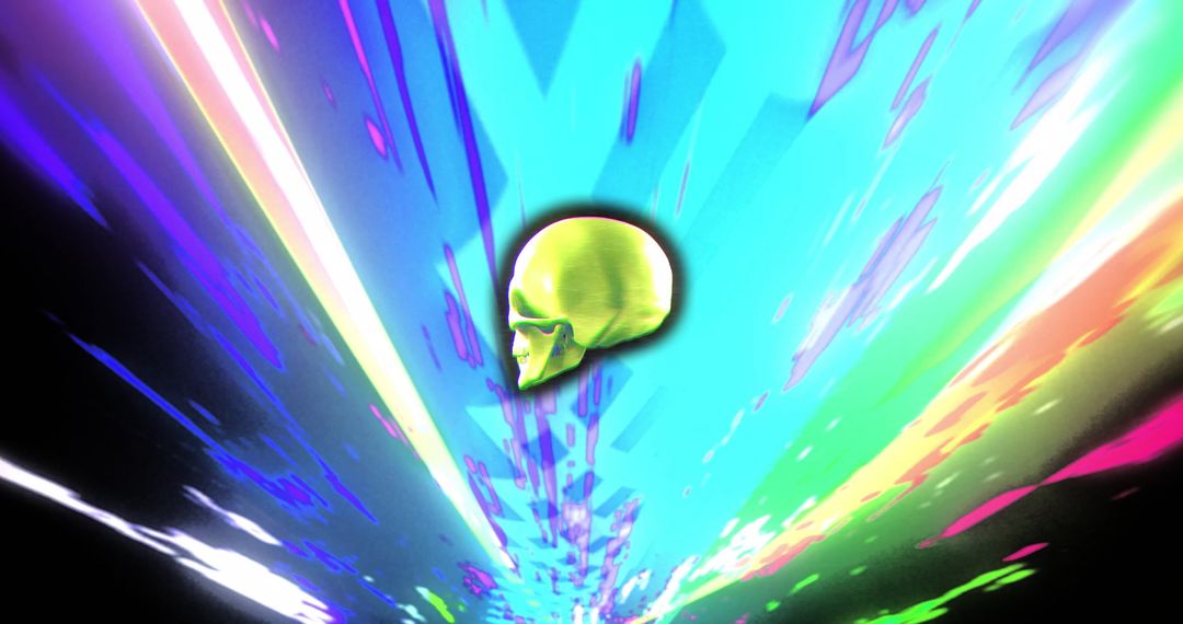 Digital Skull Surrounded by Vibrant Light Trails in Futuristic Setting