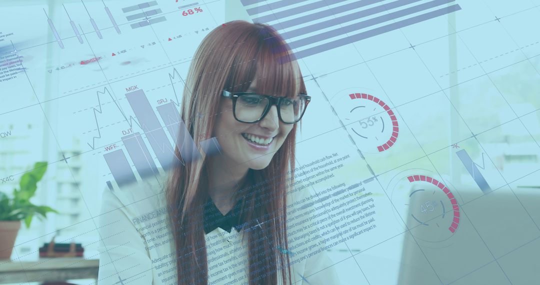 Businesswoman Analyzing Financial Data with Graphics Overlay