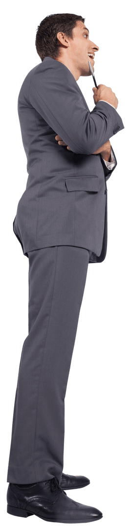 Thoughtful Businessman Contemplating Ideas with Pen on Transparent Background