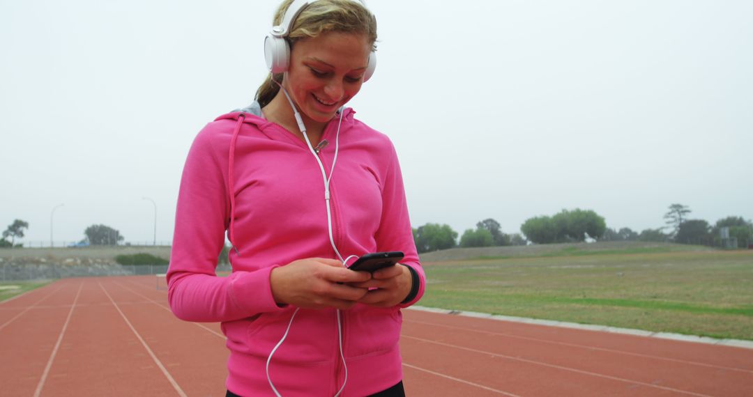 Smiling Woman Listening to Music on Running Track - Free Images, Stock Photos and Pictures on Pikwizard.com