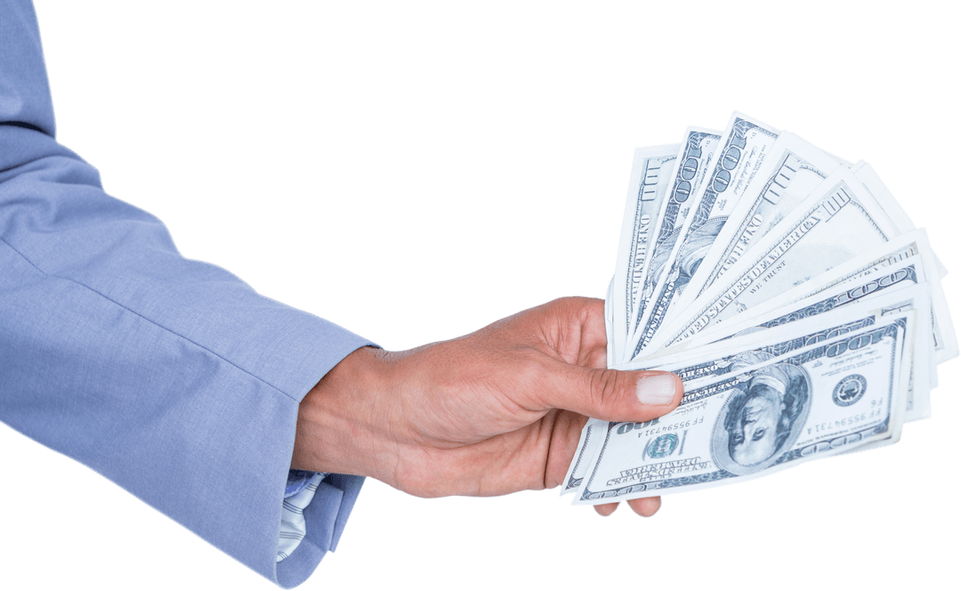 Hand Holding US Dollar Banknotes Isolated on Transparent Background