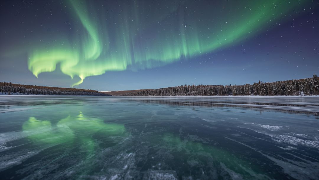 Glowing Northern Lights Stretching Across Frozen Lake, Green Aurora Reflecting on Smooth Ice