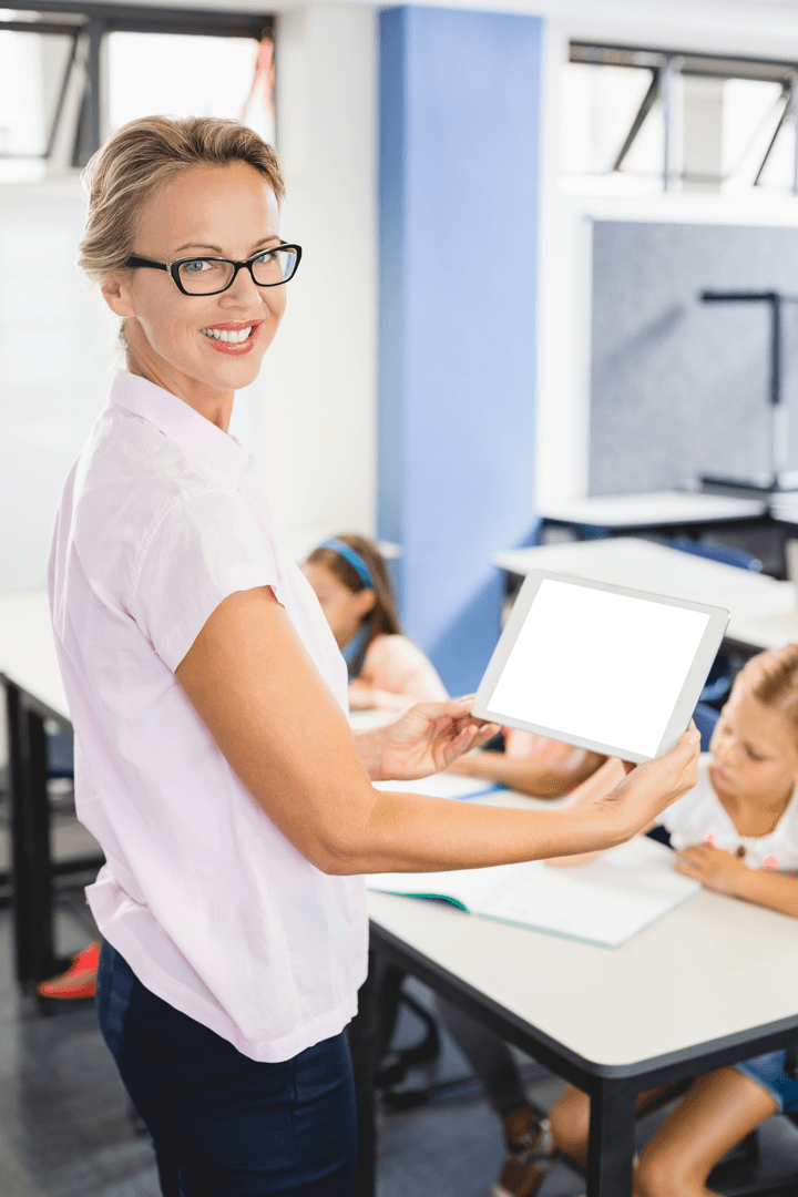 Transparent Concept: Smiling Teacher Demonstrating Digital Tablet Screen
