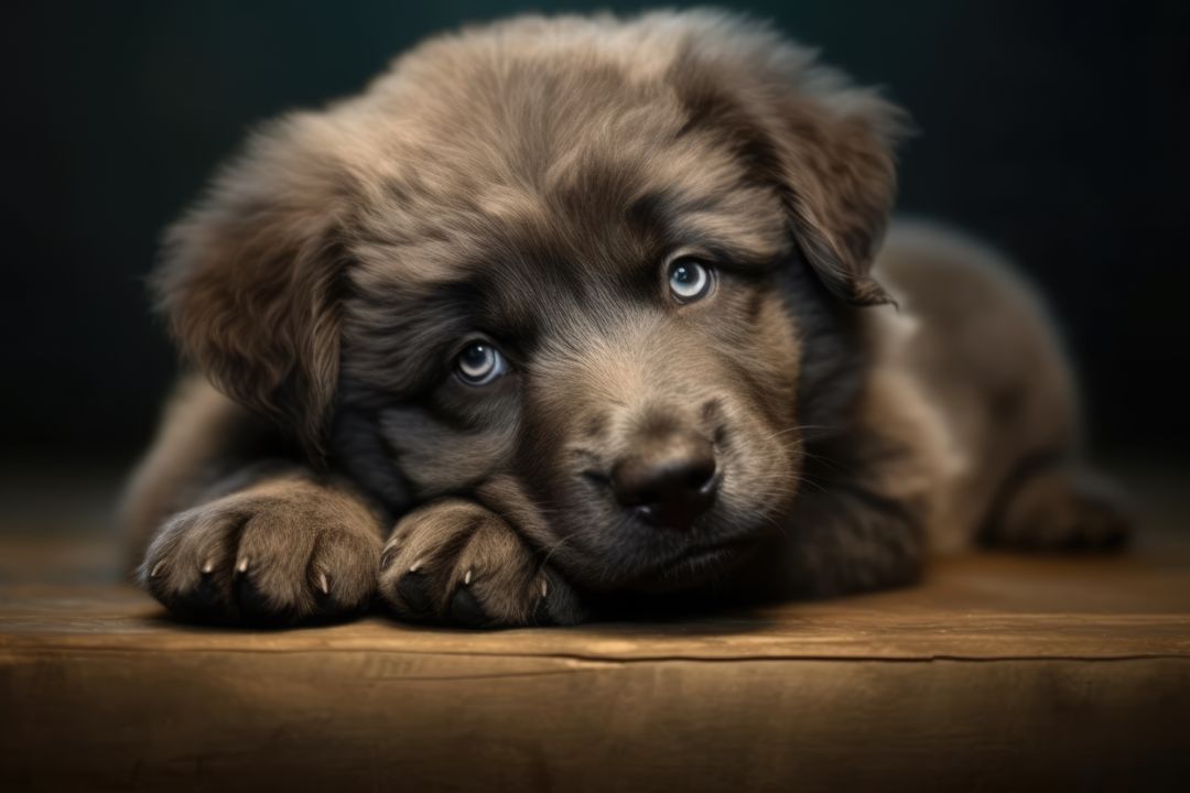 Portrait of cute grey puppy with blue eyes lying on wood, created using generative ai technology - Free Images, Stock Photos and Pictures on Pikwizard.com
