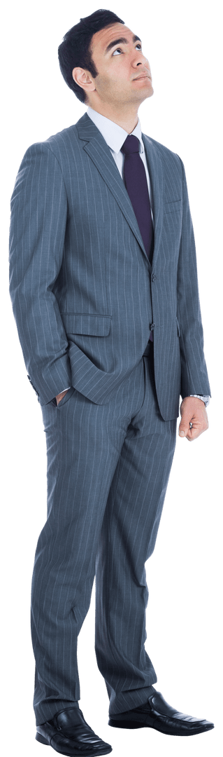 Asian Businessman Looking Up in Formal Attire on Transparent Background