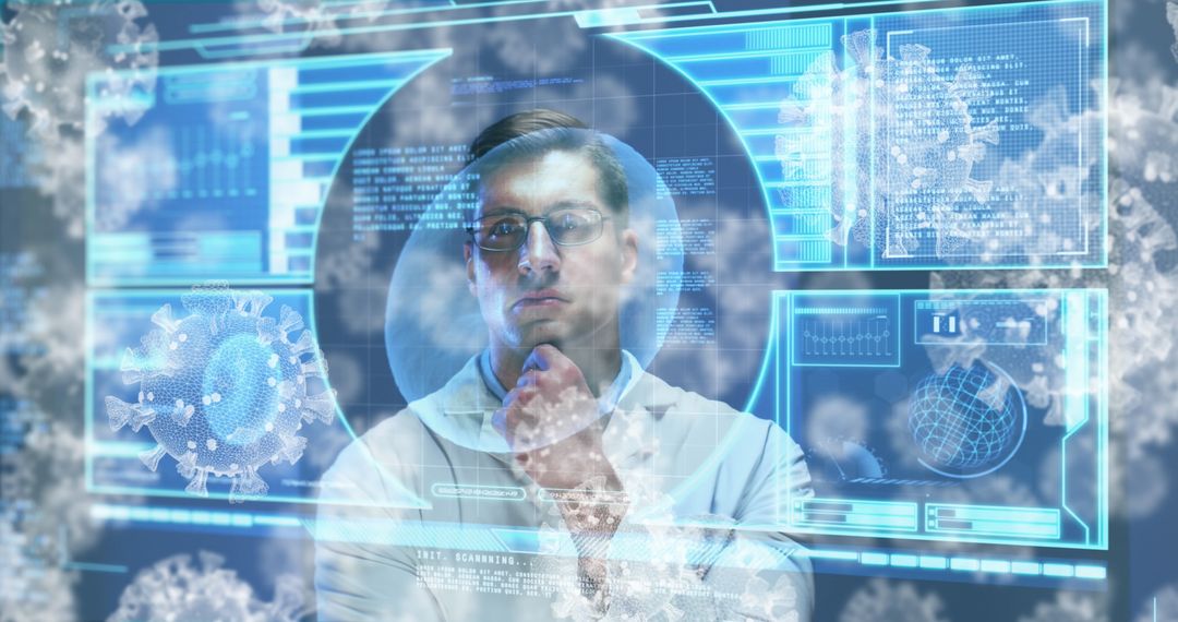 Doctor Analyzing COVID-19 Data on Futuristic Screen