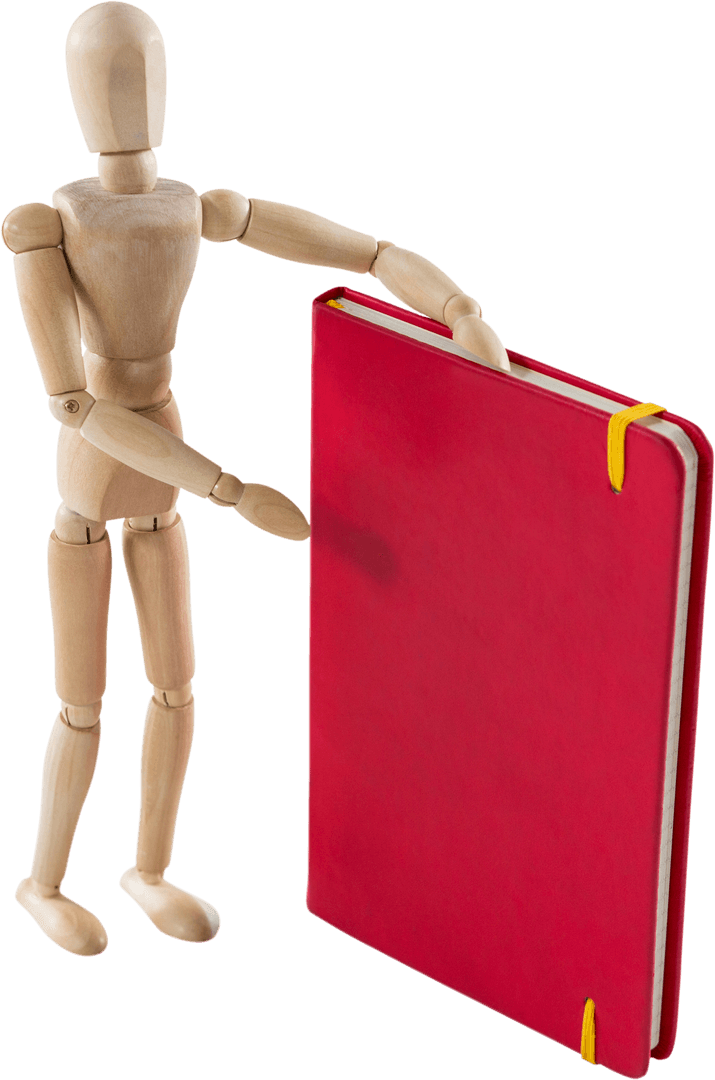 Wooden Mannequin Holding Large Red Book Transparent Background