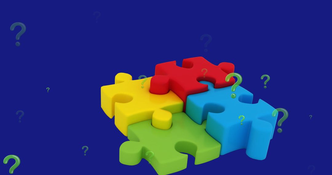 Colorful Puzzle Pieces with Question Marks on Purple Background