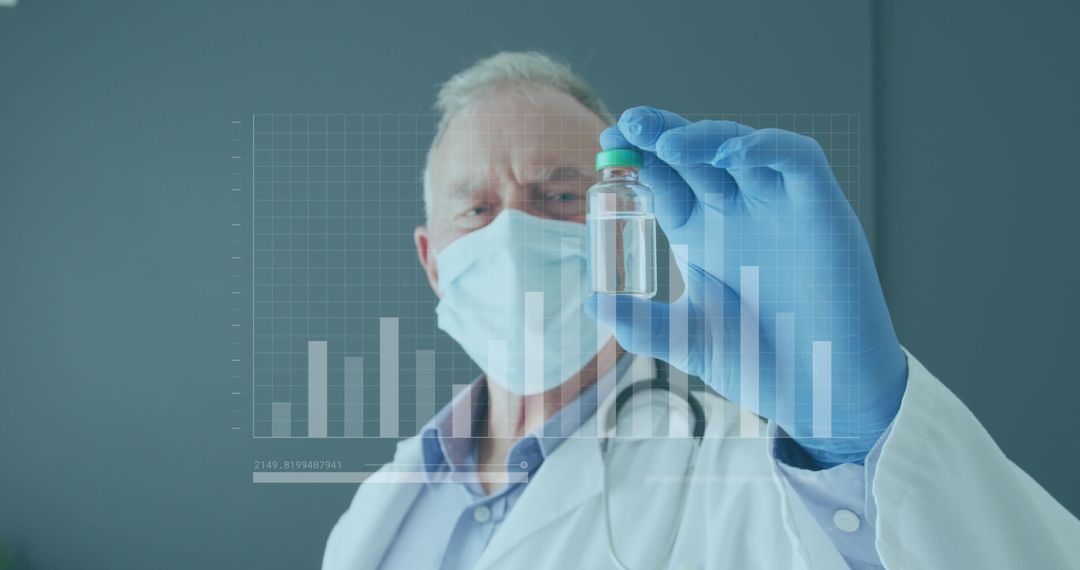 Senior Doctor Analyzing Vial with Research Data Visualization