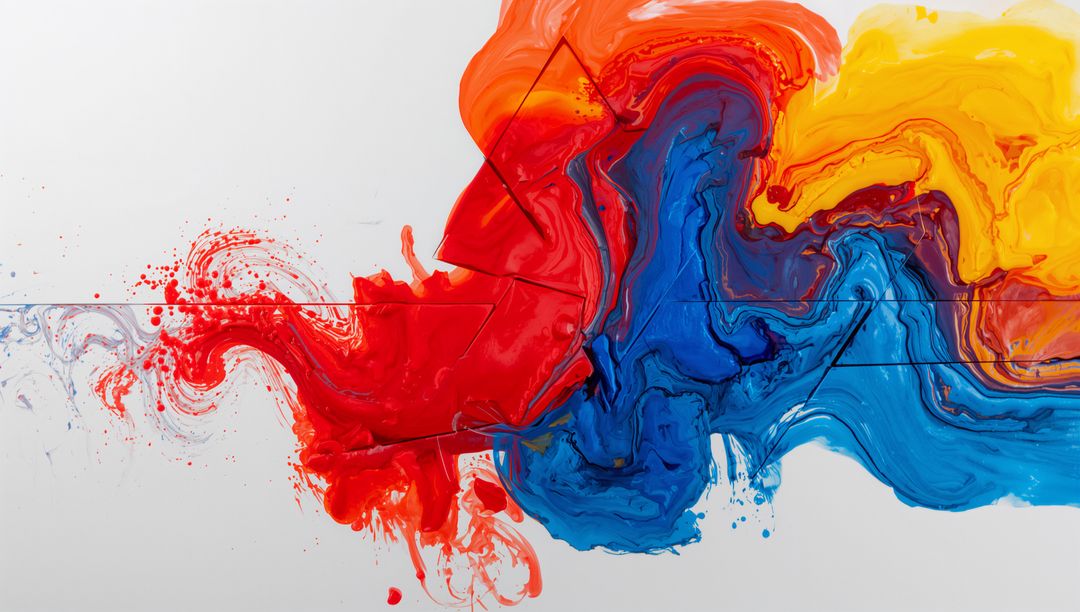 Vibrant Abstract Fluid Paint Composition with Geometric Accents