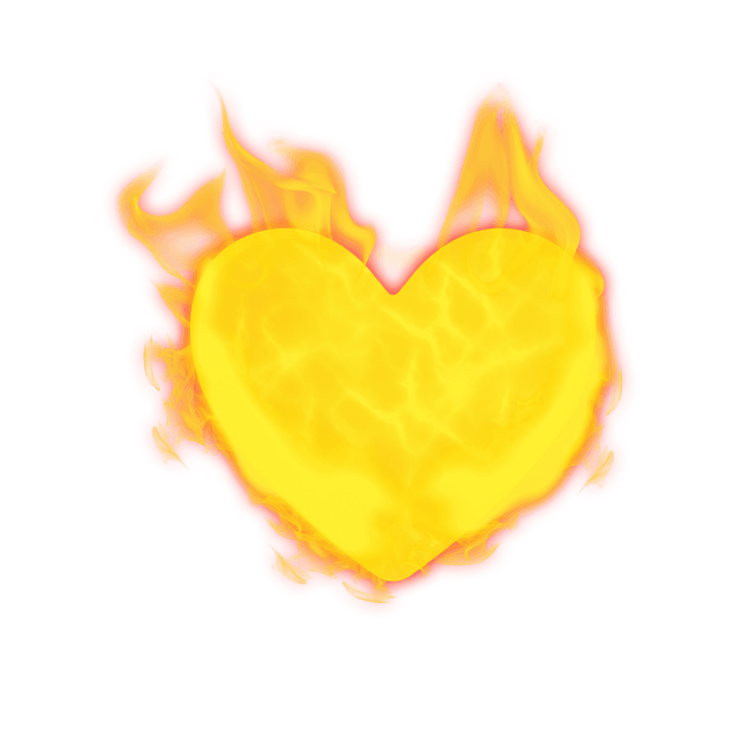Fiery Yellow Heart Flaming with Passion on Transparent Background