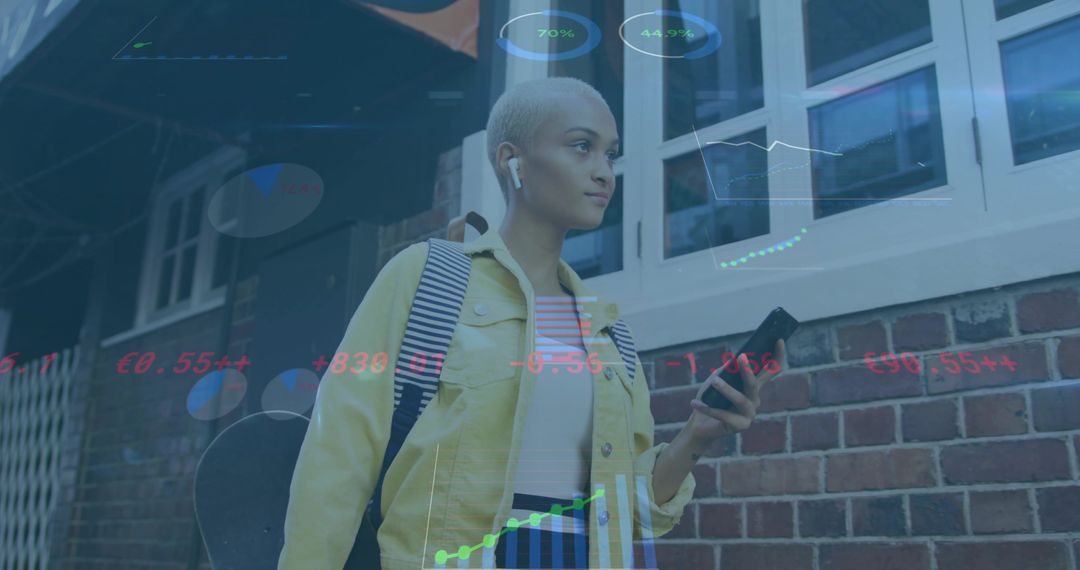 Walking woman using smartphone with skateboard and backpack, wearing earbuds, data overlays