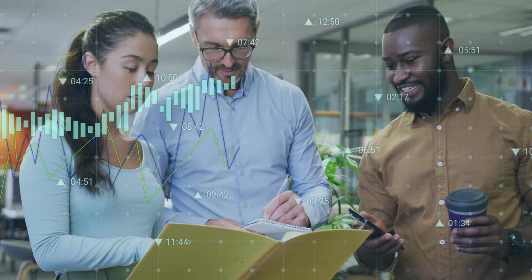 Collaborating on data review, mixed team analyzing charts and taking notes