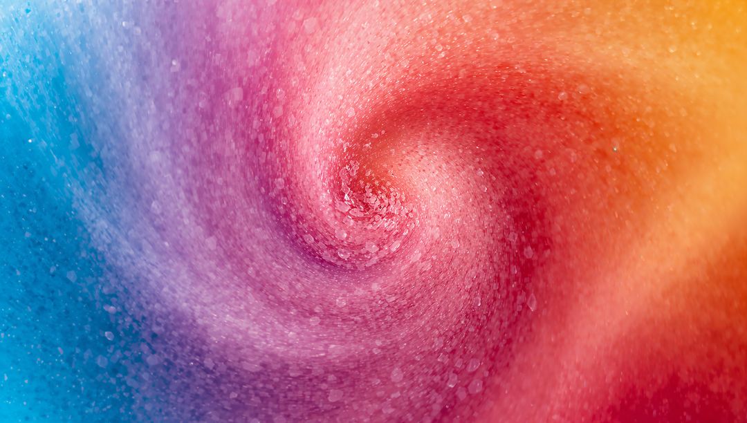 Swirling iridescent spiral vortex with granular bokeh and chromatic nebula gradient