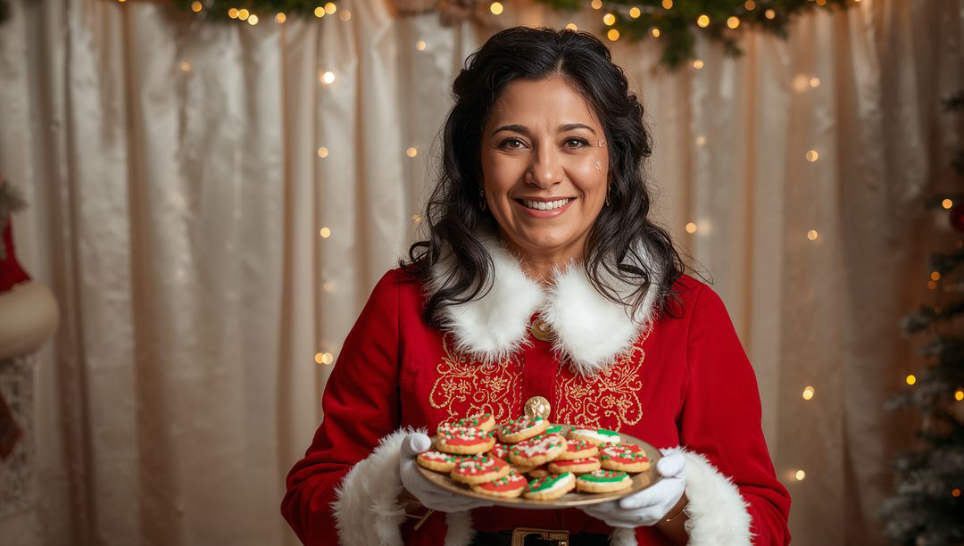 Festive Woman Holding Tray of Colorful Holiday Cookies