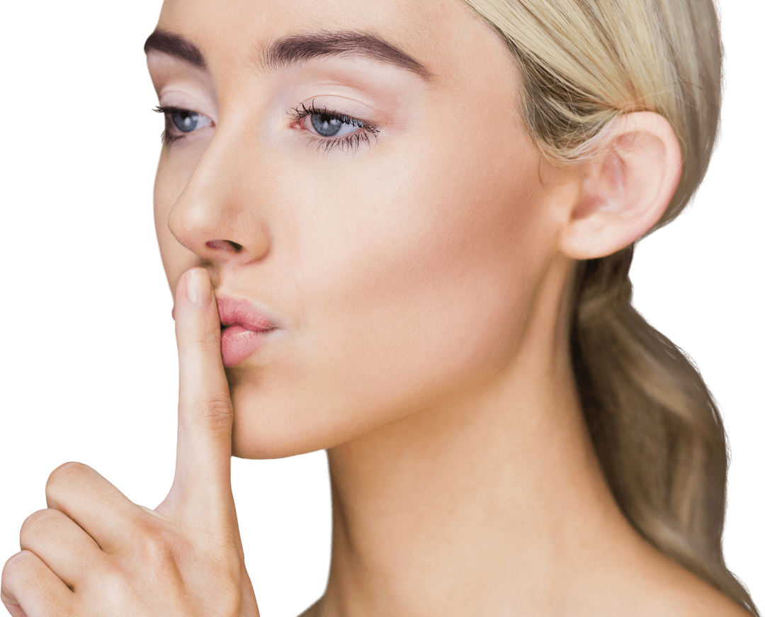 Serene Woman Gesturing Silence with Finger on Lips Transparent